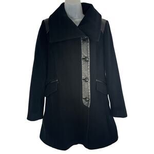 COLE HAAN Wool Cashmere Lambskin Leather Trimmed Trench Coat Classic Black Sz 6